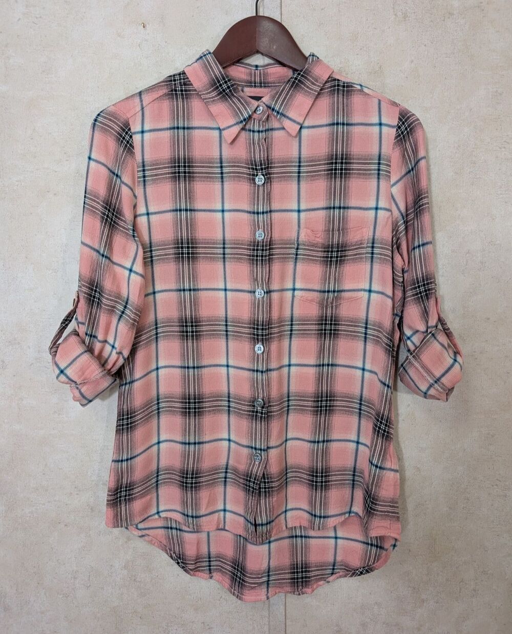 Karen Kane Top Womens XS Pink Plaid Roll Tab Button Up Long Sleeve Preppy Shirt - Picture 2 of 11